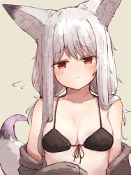 Rule 34 | 1girl, animal ears, bikini, black bikini, breasts, closed mouth, collarbone, fox ears, fox girl, fox tail, front-tie bikini top, front-tie top, highres, long hair, low twintails, medium breasts, meguru 1225, original, red eyes, simple background, solo, swimsuit, tail, twintails, white hair