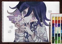 1boy art_program_in_frame blush character_doll checkered_clothes checkered_scarf commentary danganronpa_(series) danganronpa_v3:_killing_harmony doll flipped_hair hair_between_eyes hands_up heart holding kuromi long_sleeves looking_at_viewer male_focus manaita_no_sake oma_kokichi onegai_my_melody portrait purple_eyes purple_hair ringed_eyes sanrio scarf simple_background sketchbook smile solo two-tone_scarf