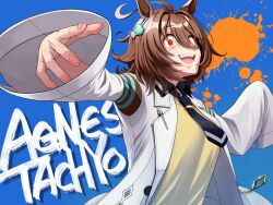 1girl absurdres agnes_tachyon_(umamusume) ahoge animal_ears black_necktie black_shirt blue_background brown_hair character_name chemical_structure collared_shirt commentary crazy_eyes crazy_smile earrings eyes_visible_through_hair hair_between_eyes hair_intakes highres horse_ears horse_girl huge_ahoge jewelry lab_coat long_sleeves looking_at_viewer medium_hair necktie open_mouth pen red_eyes shirt sideways_glance simple_background single_earring sleeves_past_fingers sleeves_past_wrists smile solo sweater teeth tussy umamusume umamusume:_beginning_of_a_new_era upper_body upper_teeth_only yellow_sweater zipper zipper_pull_tab