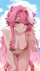 1girl amattoart animal_ears bare_shoulders bikini blue_sky blush breasts closed_mouth collarbone commentary day english_commentary hair_intakes highres hololive hololive_english large_breasts long_hair multicolored_hair navel outdoors panther_ears panther_girl panther_tail pink_hair raora_panthera sky solo stomach streaked_hair swimsuit tail thighs virtual_youtuber yellow_bikini yellow_eyes