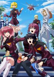 Rule 34 | 3girls, 5boys, agnes giebenrath, auel neider, bento, black hair, blonde hair, chopsticks, compass uniform, copyright name, eating, food, fork, gundam, gundam seed, gundam seed freedom, heine westenfluss, highres, holding, holding fork, looking at viewer, lunamaria hawke, lunchbox, military uniform, multiple boys, multiple girls, purple eyes, red eyes, red hair, rey za burrel, sandwich, shinn asuka, sitting, skirt, smile, stellar loussier, sting oakley, takatoshi, z&#039;gok (seed)