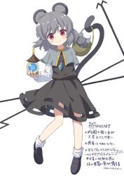Rule 34 | 1girl, animal ears, arm up, basket, bishamonten&#039;s pagoda, black dress, breasts, capelet, dowsing rod, dress, full body, grey hair, highres, hiyaya (kochi michikaze), holding, holding with tail, jewelry, long sleeves, looking at viewer, mouse (animal), mouse ears, mouse tail, nazrin, necklace, pendant, prehensile tail, red eyes, short hair, small breasts, smile, solo, tail, touhou