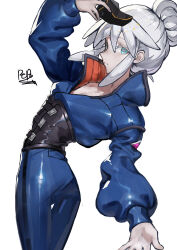 1girl absurdres ass blue_bodysuit blue_eyes bodysuit closed_mouth colored_eyelashes commentary cowboy_shot deux_murasame gundam gundam_gquuuuuux highres holding holding_mask long_hair long_sleeves looking_at_viewer mask mecha_pilot_suit mouth_mask peperon_(peperou) purple_pupils signature simple_background solo updo white_background white_eyelashes white_hair