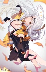 1girl black_gloves breasts cleavage elbow_gloves fingerless_gloves floating_hair from_above gloves highres long_hair looking_at_viewer looking_up single_elbow_glove solo very_long_hair white_hair yixuan_(zenless_zone_zero) zenless_zone_zero zunda_kaku