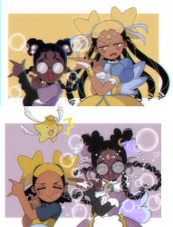 2girls \m/ absurdres afro_puffs aika_(kiana_mai) alternate_costume black_hair blonde_hair blue_dress blue_shirt border chromatic_aberration closed_eyes closed_mouth commentary crescent crescent_facial_mark dark-skinned_female dark_skin double_bun dress english_commentary facial_mark forehead_mark glasses hair_bun hair_rings highres hoshi_(kiana_mai) i_don&#039;t_want_to_be_a_magical_girl layered_sleeves linnery3 long_hair long_sleeves magical_girl multicolored_hair multiple_girls open_mouth outside_border puffy_short_sleeves puffy_sleeves purple_dress purple_shirt round_eyewear shirt short_over_long_sleeves short_sleeves smile star-shaped_hair star_guardian:_guardian_of_the_stars star_hair_bun striped_clothes striped_shirt tsuki_ni_kawatte_oshioki_yo two-tone_dress two-tone_hair white_border yellow_background yellow_dress zira_(kiana_mai)