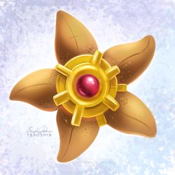 alternate_color blue_background creatures_(company) eric_proctor facing_viewer full_body game_freak gem gen_1_pokemon nintendo no_humans pokemon pokemon_(creature) pokemon_focus signature solo staryu