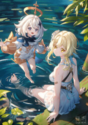 2023 2girls :d bare_arms bare_legs barefoot blonde_hair blue_eyes breasts closed_mouth commentary_request dated day dress flower geduan genshin_impact hair_flower hair_ornament highres long_hair long_sleeves looking_at_viewer lumine_(genshin_impact) medium_breasts multiple_girls open_mouth paimon_(genshin_impact) revision romper short_dress short_hair_with_long_locks shorts sideboob sidelocks signature sleeveless sleeveless_dress smile soaking_feet wet wet_clothes wet_dress white_dress white_flower white_hair white_romper white_shorts yellow_eyes