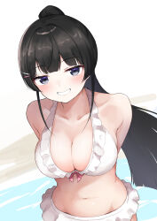 1girl absurdres arms_behind_back bikini bikini_skirt black_hair blue_eyes blunt_bangs breasts cleavage commission frilled_bikini frills grin highres kurenai_rock large_breasts long_hair nijisanji pixiv_commission ponytail smile solo swimsuit tsukino_mito upper_body virtual_youtuber white_bikini