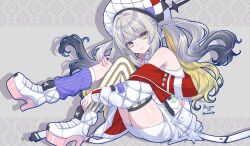 1girl bare_shoulders breasts commission dress fate/grand_order fate_(series) gradient_hair grey_hair hat highres jacket long_hair long_sleeves looking_at_viewer marie_antoinette_(fate) marie_antoinette_alter_(fate) marie_antoinette_alter_(first_ascension)_(fate) multicolored_hair off_shoulder skeb_commission solo thighhighs two_side_up white_dress white_hat white_jacket yamuimo yellow_eyes