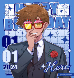 1boy 2024 :d antenna_hair arm_at_side black_necktie black_vest blue_background blue_border blush border bright_pupils brown_eyes brown_hair buttons character_name collared_shirt commentary dark-skinned_male dark_skin dated double-breasted english_commentary glasses gradient_background grey_jacket grid_background grin hair_behind_ear hand_on_own_chin hand_up happy_birthday hero_(faraway)_(omori) hero_(omori) highres jacket lapels layered_sleeves long_sleeves looking_at_viewer male_focus necktie notched_lapels omori open_clothes open_jacket open_mouth outline outside_border rectangular_eyewear red-framed_eyewear shirt short_hair simple_background smile sparkle starlyfnnctn tinted_eyewear twitter_username upper_body very_short_hair vest white_background white_outline white_shirt yellow-tinted_eyewear