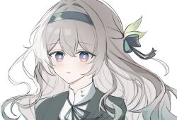 1girl black_coat black_hairband blush coat collared_shirt firefly_(honkai:_star_rail) gradient_eyes gradient_hair green_pupils hair_between_eyes hair_intakes hair_ornament hair_ribbon hairband honkai:_star_rail honkai_(series) multicolored_eyes multicolored_hair open_clothes open_coat open_mouth ribbon shirt simple_background solo tori_ovo7 white_background white_shirt