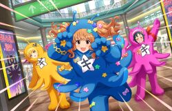 antennae blonde_hair blue_hair closed_eyes costume english_text faceless game_cg green_eyes heart idolmaster idolmaster_cinderella_girls idolmaster_cinderella_girls_starlight_stage japanese_text miyamoto_frederica moroboshi_kirari motion_lines nanjo_hikaru official_art open_mouth orange_hair pants pillar poster_(object) railing red_eyes skirt star_(symbol) twintails window