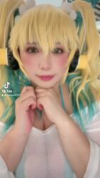 1girl animated asian audible_music blonde_hair breasts chouzuki_maryou cosplay female_focus highres lipstick makeup nitroplus photo_(medium) plump solo sound super_pochaco super_pochaco_(cosplay) tagme thick_thighs thighs video