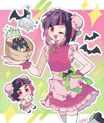 4boys ;d ? absurdres ahoge apron bat_(animal) black_hair black_shoes blush_stickers bow bowl bun_cover chibi china_dress chinese_clothes chinese_commentary closed_eyes colored_eyelashes commentary_request crossdressing dress fangs flying_sweatdrops food foot_up frilled_apron frilled_dress frills green_bow green_eyes green_hair green_ribbon hand_on_own_hip highres holding holding_bowl holding_food jitome lilia_vanrouge male_focus malleus_draconia multicolored_hair multiple_boys multiple_views no_sclera nose_bubble one_eye_closed open_mouth pink_apron pink_dress pink_hair pink_wrist_cuffs red_eyes ribbon riko_shinkai sebek_zigvolt shoes short_hair silver_(twisted_wonderland) sleeping sleeveless sleeveless_dress smile sparkle steamed_bun thighhighs trap twisted_wonderland two-tone_hair v-shaped_eyebrows waist_apron white_background white_thighhighs wrist_cuffs zzz