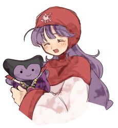 1girl blunt_bangs blush character_doll closed_eyes doll dragon_lord dragon_quest dragon_quest_ii eyelashes happy highres holding holding_doll hood jewelry long_hair magainu necklace open_mouth princess_of_moonbrook purple_hair smile white_background