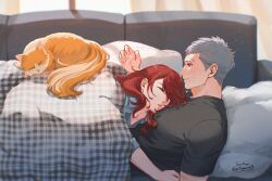 1boy 1girl animal black_shirt blush cat closed_eyes commentary couch couple cuddling english_commentary from_side girl_on_top grey_hair kirijou_mitsuru long_hair looking_at_another lying on_back on_couch on_stomach persona persona_3 persona_4:_the_ultimate_in_mayonaka_arena persona_4:_the_ultimax_ultra_suplex_hold pillow red_hair sanada_akihiko scar_on_head shirt short_hair short_sleeves sleeping soc_nau twitter_username under_covers upper_body