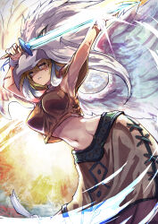 1girl animal_helmet armpits arms_up blonde_hair braid breasts brown_shirt crop_top duel_monster facepaint feathered_wings glint grey_eyes guardian_eatos headdress highres holding holding_sword holding_weapon midriff navel revision shirt short_hair shoulder_pads shouma_(bravespiritya) skirt solo stomach sword tunic weapon wings yellow_eyes yu-gi-oh!