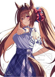 Rule 34 | 1girl, animal ears, bead bracelet, beads, bow, bracelet, brown hair, checkered clothes, checkered skirt, closed mouth, crown, daiwa scarlet (umamusume), fang, from side, hair between eyes, hair bow, hair intakes, hand on own hip, high-waist skirt, highres, horse ears, horse girl, horse tail, jewelry, l4st resort, long hair, looking at viewer, off-shoulder shirt, off shoulder, pointing, pointing at viewer, purple shirt, purple skirt, red bow, red eyes, shirt, short sleeves, sidelocks, skin fang, skirt, smile, solo, tail, twintails, umamusume