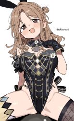Rule 34 | 1girl, :d, animal ears, back ribbon, black gloves, black leotard, black ribbon, blush, breasts, brown eyes, brown hair, cleavage, detached collar, fake animal ears, fishnet pantyhose, fishnets, gloves, hand up, highres, ichikawa hinana, idolmaster, idolmaster shiny colors, idolmaster shiny colors song for prism, large breasts, leotard, long hair, looking at viewer, official alternate costume, open mouth, pantyhose, rabbit ears, ribbon, shisoneri, simple background, single leg pantyhose, sitting, smile, solo, twitter username, white background