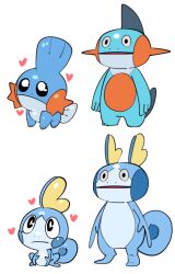 bright_pupils fakemon full_body gen_3_pokemon gen_8_pokemon heart marshtomp mudkip nintendo no_humans nostrils open_mouth pokemon pokemon_(creature) sido_(slipknot) simple_background sobble standing white_background white_pupils
