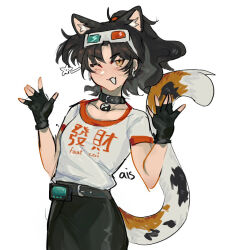 1girl 3d_glasses aislingxyz an-an_lee animal_ears black_choker black_hair black_shirt cat_ears cat_girl choker earrings fingerless_gloves gloves hands_up heterochromatic_eyewear highres jewelry one_eye_closed reverse:1999 shirt skirt smile tinted_eyewear white_background white_shirt yellow_eyes yin_yang