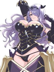 1girl arm_behind_head armor artist_name black_armor black_panties black_tiara bodice breasts camilla_(fire_emblem) cleavage closed_mouth commentary cowboy_shot detached_sleeves fire_emblem fire_emblem_fates gloves gluteal_fold hair_over_one_eye highres large_breasts long_hair looking_at_viewer nintendo one_eye_covered panties purple_eyes purple_gloves purple_hair revealing_clothes sena_(jcwe4828) simple_background smile solo thighs tiara underwear white_background