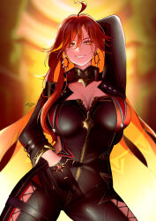 1girl ahoge arm_behind_head artist_name black_gloves breasts cleavage commentary earrings english_commentary genshin_impact gloves grin highres jewelry juvylatte large_breasts long_hair looking_at_viewer mavuika_(genshin_impact) orange_hair smile solo zipper