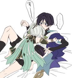 ... 1boy 1girl arm_at_side armlet barefoot belt black_belt black_bodysuit black_bow black_bridal_gauntlets black_hair blue_sleeves blunt_ends blush bodysuit bow bracelet bridal_gauntlets cape collar detached_sleeves dress fingernails frilled_collar frills furrowed_brow genshin_impact girl_on_top gold_ring gold_trim green_cape green_hair green_sleeves hair_intakes hair_ornament hakama hakama_shorts hand_up height_difference hetero highres japanese_clothes jewelry kimono knee_up layered_sleeves leaf leaf_hair_ornament long_hair lying lying_on_person mandarin_collar middle_ring multicolored_hair nahida_(genshin_impact) no6_gnsn on_back open_hands open_mouth pleated_shorts pointy_ears purple_cape purple_eyes purple_rope purple_sash rope sash scaramouche_(genshin_impact) short_sleeves shorts shoulder_peek side_ponytail sidelocks spoken_ellipsis streaked_hair sweatdrop tsurime wanderer_(genshin_impact) white_background white_dress white_hair white_kimono white_mouth white_sleeves wispy_bangs