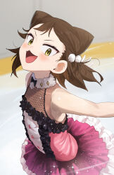 1girl absurdres brown_hair cone_hair_bun dress figure_skating figure_skating_dress frilled_dress frills fur_collar gomashiwo_o hair_bun highres ice_skating looking_at_viewer medalist_(manga) miketa_ryouka open_mouth pink_dress skating skating_rink slit_pupils solo yellow_eyes