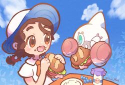 1girl :d ;d aqua_eyes blue_sky blush blush_stickers bottle braid bread brown_eyes brown_hair candy cloud collared_shirt commentary_request day eating eyelashes floating food food_on_face gen_4_pokemon hair_ornament hat highres holding holding_food holding_sandwich juliana_(pokemon) kirrim lettuce meat milk milk_bottle moomoo_milk necktie nintendo one_eye_closed open_mouth orange_necktie plate pokemon pokemon_(creature) pokemon_sv pokemon_swsh rare_candy rotom rotomi sandwich shirt short_sleeves side_braid single_braid sky smile submarine_sandwich tomato tomato_slice white_hat white_shirt wrapped_candy