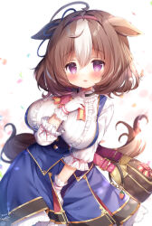 Rule 34 | 1girl, :3, @ @, ahoge, animal ears, bag, between legs, black bag, blue skirt, blue vest, blush, breasts, brown hair, collared shirt, commentary, cowboy shot, gloves, hair between eyes, hand between legs, hand on own chest, highres, horse ears, horse girl, horse tail, large breasts, medium hair, meisho doto (umamusume), momozu komamochi, multicolored hair, open mouth, petticoat, purple eyes, shirt, shoulder bag, skirt, solo, sweat, tail, two-tone hair, umamusume, vest, white gloves, white hair, white shirt