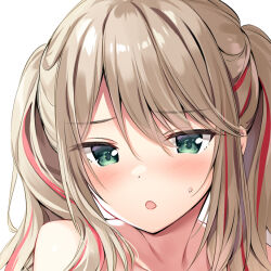 1girl bare_shoulders blush brown_hair commentary_request cropped embarrassed green_eyes hair_between_eyes long_hair looking_at_viewer multicolored_hair open_mouth original oryo_(oryo04) paid_reward_available red_hair red_streaks simple_background small_sweatdrop solo streaked_hair variant_set white_background