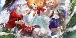 2girls :d battle belt blonde_hair blue_skirt bowl bowl_hat cloud cloudy_sky destruction dirt dress duel feet_out_of_frame giant giantess hat highres horns ibuki_suika interlocked_fingers long_hair long_sleeves looking_at_another medium_hair multiple_girls neckerchief non-web_source official_art oni_horns open_mouth orange_eyes outdoors purple_hair red_dress red_neckerchief ribbon-trimmed_skirt ribbon_trim rock scottie_(phantom2) shirt skirt sky sleeveless sleeveless_shirt smile sukuna_shinmyoumaru torn_clothes torn_sleeves touhou touhou_lostword white_shirt wide_sleeves wrist_cuffs