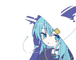 1girl :&lt; absurdres animal_ear_hood aoi_himari black_choker black_serafuku blue_eyes blue_hair choker expressionless fake_animal_ears hair_between_eyes hatching_(texture) highres hololive hood hoodie hoshimachi_suisei linear_hatching long_hair looking_at_viewer minimalism orbited portrait school_uniform serafuku solo virtual_youtuber white_background