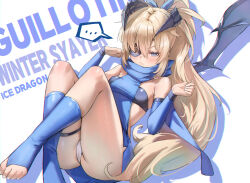 ... 1girl arm_garter ass bare_shoulders blonde_hair blue_eyes blue_scarf blush bow bra breasts clenched_hands commentary english_text eyepatch full_body goddess_of_victory:_nikke guillotine_(nikke) guillotine_(winter_slayer)_(nikke) hair_bow hands_up highres horns jindogod legs_up loli long_hair looking_at_viewer lying official_alternate_costume on_back panties petite ponytail pout scarf shadow simple_background single_wing small_breasts solo spoken_ellipsis strapless strapless_bra thigh_strap tunic underwear white_background white_panties wings