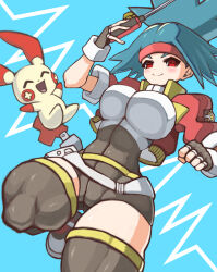 1girl black_bodysuit black_gloves black_thighhighs blue_background blue_hair blush bodysuit breasts closed_mouth cropped_jacket dot_nose eyebrows fingerless_gloves foot_out_of_frame foot_up from_below gen_3_pokemon gloves hands_up jacket kamuruchii large_breasts looking_at_viewer looking_down multicolored_jacket nintendo open_clothes open_jacket plusle pokemon pokemon_(creature) pokemon_ranger ponytail red_eyes red_jacket short_hair short_ponytail simple_background smile solana_(pokemon) solo_focus standing thick_thighs thighhighs thighs toned toned_female two-tone_bodysuit white_bodysuit white_jacket wide_hips yellow_jacket