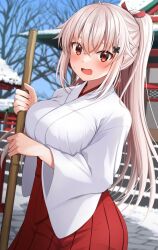 Rule 34 | 1girl, ahoge, bare tree, blue sky, blush, breasts, building, butterfly hair ornament, commentary request, day, etna (kuzuyu), hair between eyes, hair ornament, hair ribbon, hakama, hakama skirt, holding, japanese clothes, kimono, komori kuzuyu, large breasts, long hair, looking at viewer, miko, open mouth, original, outdoors, pink nails, ponytail, red eyes, red hakama, red ribbon, ribbon, skirt, sky, snow, solo, stairs, stone stairs, sweat, tree, v-shaped eyebrows, very long hair, wavy mouth, white hair, white kimono