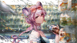 1girl animal animal_ears arknights blurry braid carp chromatic_aberration closed_mouth commentary_request drink eyewear_on_head fingernails fish hair_between_eyes highres holding holding_drink lin_(arknights) lin_(summer_flowers)_(arknights) long_hair looking_at_viewer mxd_taolifly official_alternate_costume partial_commentary pink_eyes pink_hair plastic_bottle round_eyewear solo splashing star_(symbol) upper_body water water_drop watermark