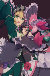 2girls akatsuki_kirika blonde_hair bonnet dress_flower flower frilled_bonnet frills green_eyes highres lolita_fashion long_sleeves looking_at_viewer mokutan_mmmm multiple_girls pink_flower pink_rose purple_flower purple_rose rose senki_zesshou_symphogear tsukuyomi_shirabe