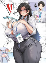 Rule 34 | 1boy, 2girls, absurdres, black eyes, black hair, black pants, blue archive, blue necktie, breast expansion, breasts, bursting breasts, button gap, genderswap, genderswap (mtf), highres, huge breasts, id card, long hair, minori (user eket5233), motion lines, multiple girls, necktie, nezusuke (blue archive), pants, popped button, sensei (blue archive), shiny skin, shirt, standing, thick thighs, thighs, white background, white shirt, wide hips