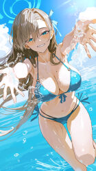 1girl absurdres asuna_(blue_archive) bare_arms bikini blue_archive blue_bikini blue_eyes blue_halo blue_ribbon blue_sky blush breasts brown_hair cleavage cloud cloudy_sky commentary_request day dutch_angle floating_hair front-tie_bikini_top front-tie_top hair_ribbon halo highres large_breasts long_hair looking_at_viewer maria_(maria_rose) mole mole_on_breast o-ring o-ring_bikini o-ring_top ocean outdoors outstretched_arms ribbon side-tie_bikini_bottom sky smile solo splashing standing standing_on_one_leg swimsuit thighs v-neck very_long_hair wading water wet