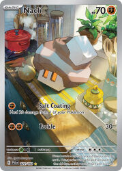 artist_name card_(medium) carrot character_name company_name cooking_pot copyright_name copyright_notice drawer english_text fire full_body jar murayama_ryota nacli nintendo no_humans official_art on_counter onion orange_eyes plant pokemon pokemon_(creature) pokemon_card pokemon_focus pokemon_tcg potted_plant rectangular_eyes solo spoon steam stove third-party_source trading_card wooden_spoon