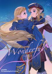 Rule 34 | 1boy, 1girl, beret, black pants, blonde hair, blue background, blue eyes, blue jacket, boots, closed mouth, couple, earrings, feet out of frame, gloves, gold trim, green eyes, grey boots, hair tie, hat, hetero, highres, holding hands, interlocked fingers, jacket, jewelry, juliet sleeves, light smile, link, long hair, long sleeves, looking at another, low ponytail, medium hair, military hat, military jacket, military uniform, nintendo, official alternate costume, opleillle, pants, pointy ears, ponytail, princess zelda, puffy sleeves, royal guard set (zelda), swept bangs, the legend of zelda, the legend of zelda: breath of the wild, tiara, twintails, white gloves