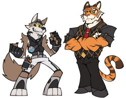 2boys animal_ears black_gloves claws closed_mouth commentary english_commentary fang fang_out fingerless_gloves fortnite furry furry_male gloves highres looking_at_viewer male_focus multiple_boys oscar_(fortnite) parody smile squirrel squirrel_tail style_parody tail tiger_boy tiger_ears tiger_stripes tiger_tail utakoloid_(myiko) walnut_(fortnite) wendell_(fortnite) white_background wolf_boy wolf_ears wolf_tail