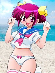 Rule 34 | 1girl, ahoge, beach, blush, bow, bow panties, breast pocket, breasts, cloud, cone hair bun, crotch seam, double bun, hair bow, hair bun, hoshizora miyuki, kakeyan, looking at viewer, midriff, navel, neckerchief, ocean, open mouth, panties, pink bow, pink eyes, pink hair, pink neckerchief, pocket, precure, sand, school uniform, shirt, short hair, short sleeves, sky, small breasts, smile, smile precure!, standing, standing on one leg, thighhighs, underwear, water, white panties, white shirt, white thighhighs, yellow bow