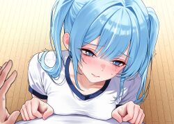 1girl 1other 3: arahashi_tabi blue_eyes blue_hair blush breasts chano39 closed_mouth crying crying_with_eyes_open from_above highres leaning_on_person long_hair looking_to_the_side medium_breasts pov shirt short_sleeves sidelocks solo_focus stellive tears twintails white_shirt wooden_floor