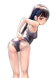 1girl absurdres ass black_hair blush breasts brown_eyes casual_one-piece_swimsuit clothes_tug emutsuichi hand_under_clothes hand_under_swimsuit highres long_hair looking_at_viewer one-piece_swimsuit original school_swimsuit sideboob simple_background solo swimsuit white_background