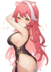1girl animal_ears armpit_crease black_dress blush breasts china_dress chinese_clothes closed_mouth commentary dress english_commentary hair_intakes highres hololive hololive_english large_breasts long_hair looking_at_viewer multicolored_hair panther_ears panther_girl pink_hair raora_panthera sideboob simple_background solo streaked_hair sweatdrop szuukie thighs two-tone_hair virtual_youtuber white_background white_hair yellow_eyes