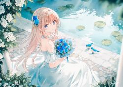 Rule 34 | 1girl, animal, bare shoulders, bath, bird, blonde hair, blue bird, blue eyes, blue flower, blue nails, blue rose, bouquet, braid, brick floor, bush, collar, commentary, dress, english commentary, fingernails, floating hair, flower, flower-trimmed sleeves, flower collar, frilled collar, frilled sleeves, frills, from above, from side, full body, hair flower, hair intakes, hair ornament, hair over shoulder, half up braid, hand up, hiten (hitenkei), holding, holding bouquet, lace, light rays, lily pad, long dress, long hair, looking to the side, nail polish, off-shoulder dress, off shoulder, original, parted lips, purple flower, reflection, reflective water, ripples, rose, short sleeves, sidelocks, signature, sitting, solo, stone floor, sunbeam, sunlight, water, white dress, white flower