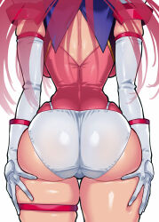 144_(riesztan) 1girl ass ass_focus ass_support back back_cutout backboob breasts choukou_(alicesoft) choukou_tenshi_escalayer clothing_cutout deep_skin elbow_gloves escalayer from_behind gloves grabbing_own_ass hands_on_own_ass head_out_of_frame kouenji_sayuka large_breasts leotard long_hair lower_body no_pants pink_hair pink_leotard red_hair red_leotard shiny_clothes shiny_skin simple_background skin_tight skindentation solo thick_thighs thigh_gap thigh_strap thighs white_background white_gloves